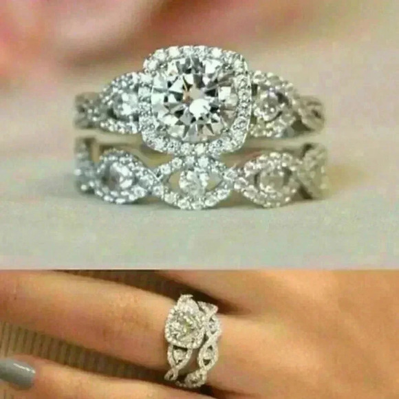 New Gorgeous Sterling Silver Diamond 2pc Engagement/Wedding Set - Picture 1 of 6